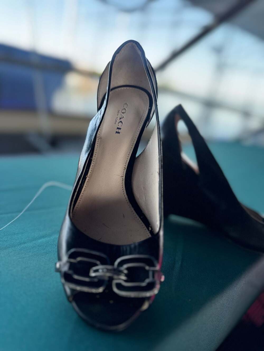 Coach peep toe, black and tan wedges w silver logo size 6